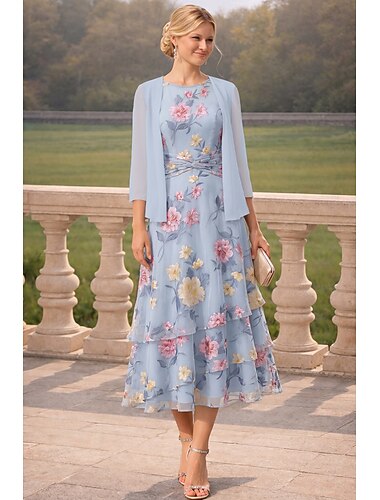  Todelt A-linje Ankellengde Gjestekjole til bryllup Kjole til brudens mor 3/4 ermer Crew-hals Elegant Minimalistisk Fritid Formell Semi-formelt Chiffon Organza Jacquard Innpakking inkludert med
