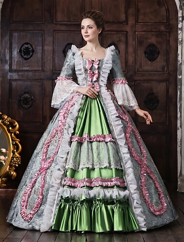  Rokoko Barokk Ballkjole Gulvlengde Kjoler Ballkjole Lange Ermer Prinsesse Gentlewoman Brude Blomstret Ballkjole Firkantet hals Kostyme Dame Royal Halloween Karneval Maskerade Skoleball Te Fest Fest