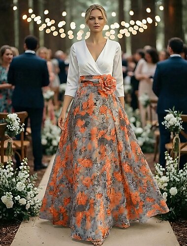  A-linje Golvlång Kvälls klänningar Elegant Dagligen Blommig 3/4 ärm V-hals Bröllop Formell Chiffong Satäng med Blomtryck 3D-blommor Veckad