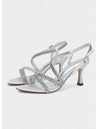  Sandalias plateadas con tiras y detalle de diamantes de imitación para mujer: tacones de gatito con punta abierta y brillantes para cócteles y recepciones de boda.