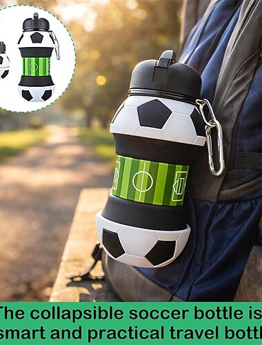  Opvouwbare voetbalwaterfles, siliconen opvouwbare reis- en sportfles voor jongens, meisjes en kinderen, BPA-vrij, lekvrij met karabijnhaak voor school, buitenactiviteiten en voetbalcadeaus.