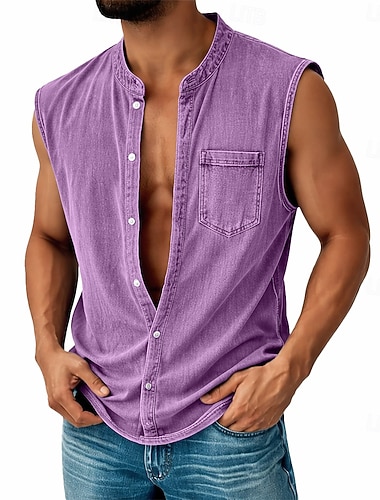  Herr Skjorta Casual skjorta Knapp upp skjorta Tvätta skjorta i 100 % bomull Svart Ljusgrön Marinblå Purpur Militärgrön Ärmlös Slät farfars krage Ledigt Dagligen Framficka Kläder Elegant Mode Ledigt