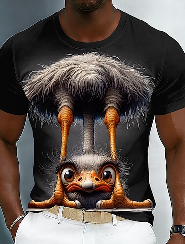  Lustiges Herren-T-Shirt mit 3D-Straußenmotiv, computeranimiertes Tierdesign, witziges Kurzarm-Shirt mit Rundhalsausschnitt, schwarzes Freizeitshirt, einzigartiges Geschenk für Männer,