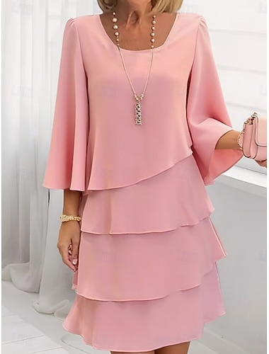  Damen Minikleid Freizeitkleid Chiffonkleid Stufenkleid Elegant Mode Modern Outdoor Urlaub Ausgehen Lässiger Schnitt Einfach Halbarm Rundhalsausschnitt Rosa Rote Khaki Sommer Frühling