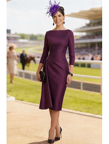  Tubino Colonna Lunghezza al ginocchio Vestito da Festa Abito da Cocktail Abito da invitata a nozze Abito da cerimonia per signora Manica 3/4 Senza Spalle Elegante Ospite di nozze Raso con Arricciatura