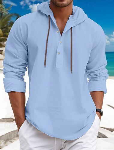  Bărbați Cămașă cămașă de in Cămașă Calico Cămașă de vară Costum de plajă Simplu Vacanță Curise Alb Albastru piscină Maro Verde Manșon Lung Capișon Primavara vara Îmbrăcăminte