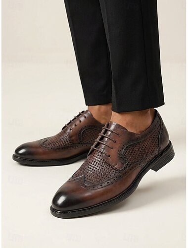  Herresko i premium ekte skinn med vingetupp og oxford-sko, klassiske brogue-sko med snøring og formelle dresssko for brudgom, forlovere, bryllup, kirkeseremonier og forretningsantrekk