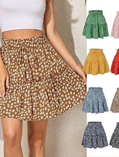  Mulheres Saia de férias Moda Casual Longo Cintura Alta Saias Floral Frufru Imprimir Com Stretch Diário Rua Preto Amarelo Rosa Azul Marinha Verão