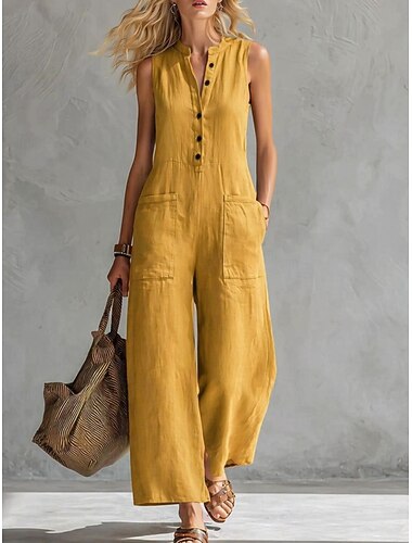  Pentru femei Normal Salopete Activ Culoare solidă Fără manșon Picior Larg În V Buzunar Nasturi Zilnic Vacanță Potrivire Largă Albastru piscină Negru Alb Vară