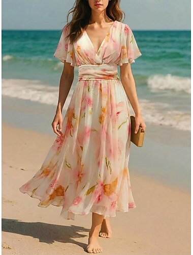  Femmes Robe maxi Robe en Chiffon Robe Fleurie Robe Imprimée Élégant Mode Moderne Quotidien Extérieur Vacances Coupe régulière Fleuri Manche Courte Col en V Rose Claire Été Printemps