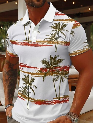  رجالي شجرة النخيل قمصان البولو كم قصير قمصان البولو قميص بياقة كاجوال ملابس الرياضة ملابس العطلة طباعة ثلاثية الأبعاد Buttons خامة شبكية تسمح بمرور الهواء للربيع والصيف أزرق بني أخضر