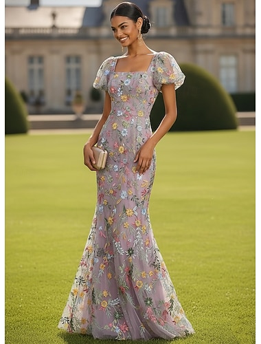  Meerjungfrauenschnitt Bodenlang Abendkleid Elegant Glitzernd Blumen Kurzarm V Ausschnitt Abendgesellschaft Gartenparty Satin Tüll mit Blumenmuster Gestickte Blume Stickerei