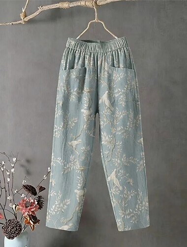  نسائي ساق عريضه تشينوز بنطلون السراويل العطلة عتيق النمط العرقي مكتمل الطول خصر عالي ورد الرسم عصفور جيب مريح راحة التنفس إمكانية غير مطاطي فضفاض مناسب للبس اليومي الأماكن المفتوحة