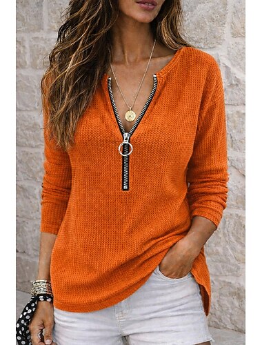 Dames Overhemd Wafel Shirt Popover-shirt Normaal shirt Lapwerk Effen Kleur Effen Vakantie Vintage Modieus Lange mouw V-hals Normale tops Streetwear Strand Feestdagen Oranje Zomer Lente Herfst