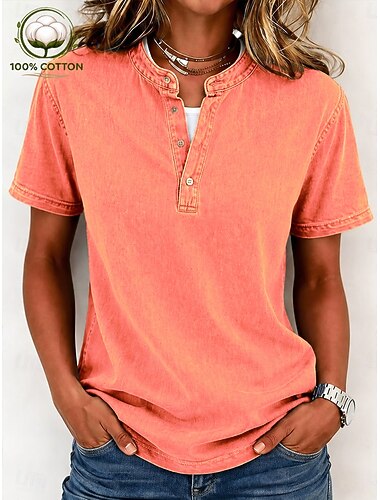  Dam Henleytröja Vintage Mode Stylish Kortärmad Vanliga toppar Ledigt Strand Blå Svart Purpur Orange Kaki Vår