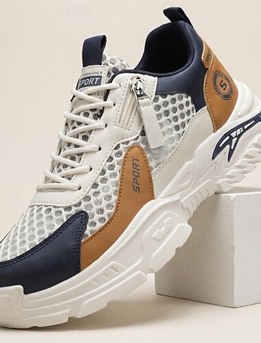  Herr vita och marinblå casual sneakers med snörning, lätta, andningsbara och bekväma promenadskor, sportiga och avslappnade skor för vardagsbruk, resor, utomhusaktiviteter och helgresortstil