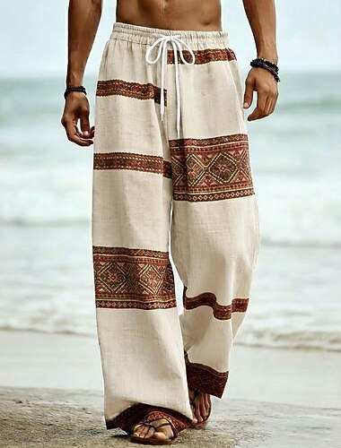  Homme Géométrique Tribal Ethnique Pantalons Pantalon décontracté Pantalons Amples Taille Moyenne Boho Vintage Rétro Maison Extérieur Vacances Taille élastique avec cordon de serrage Pantalon en lin