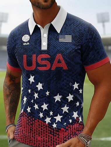  Fußball-Pokal 2026 Herren Amerikanische US-Flagge Fußball Poloshirts Kurzarm Polo-Shirts Hemden mit Kragen Lässig Athleisure 3D-Druck Knöpfe Frühling & Sommer Blau
