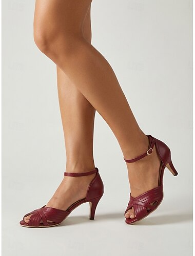  Dame vintage vinrøde peep toe-hæle fra 1950'erne - retro høje hæle med remme og justerbar ankelrem til cocktailparties, formelle begivenheder og arbejdstøj