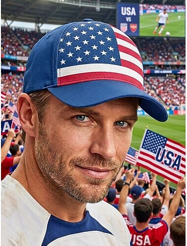  Casquette de baseball homme en polyester aux couleurs du drapeau américain, taille ajustable, idéale pour les supporters de football, les matchs, les événements sportifs et les activités de plein air au quotidien.