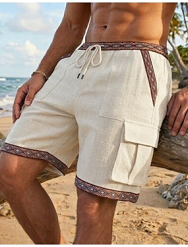  בגדי ריקוד גברים מכנסיים קצרים מכנסי פשתן מכנס קיץ קצר מכנסי חוף שרוך אלסטית מותניים אֲרִיגָה אחיד קל משקל נושם באורך הברך יומי בָּחוּץ חוף חופשה אופנתי שחור בז' קשיח