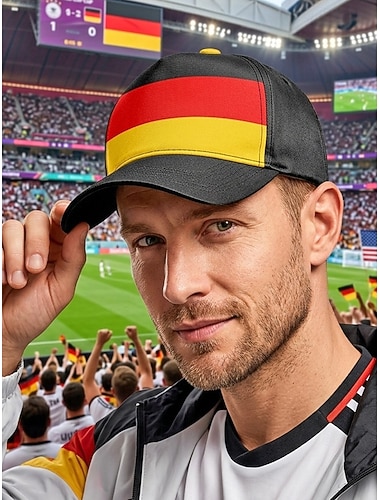  Baseballkappe für Herren aus Polyester in den Farben der deutschen Flagge, verstellbare Passform, ideal für Fußballfans, Spieltage, Fanveranstaltungen, Freizeit-Sportbekleidung und den Alltag im Freien.