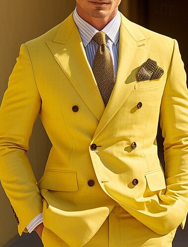  Homens Graduação Blazer Traje para coquetel Smoking O negócio Festa de Casamento Moda Casual Primavera & Outono Poliéster Tecido Bolsos Botões Casual / Diário Trespassado Jaqueta esporte Amarelo
