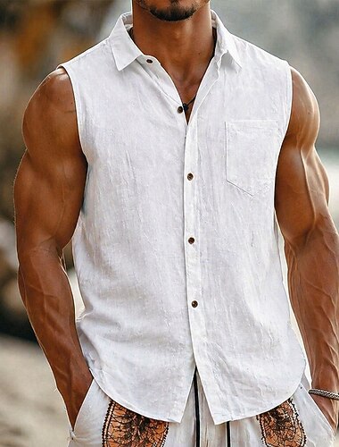  Homme Chemise Chemise en lin Chemise d'été Tenue de plage Chemise Boutonnée T-shirt sans manches Couleur Unie Occasionnel Vacances Bleu Noir Blanche Vert Sans manches Col Rabattu Été Printemps