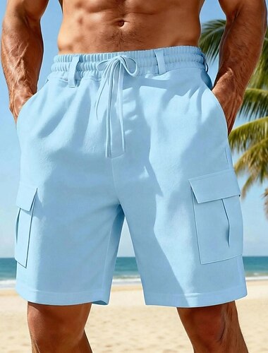  Муж. Шорты Льняные шорты Летние шорты Пляжные шорты Кулиска Карман Эластичная талия Полотняное плетение Комфорт Дышащий Длина колена Повседневные на открытом воздухе Пляж Отпуск Мода Черный Белый