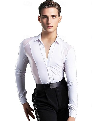  Wit herenoverhemd voor Latijns-Amerikaanse ballroomdans - slim fit top met transparante mesh-details, geschikt voor wedstrijden.