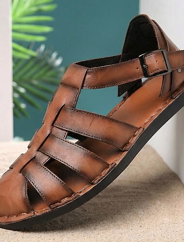  Herrbruna fiskarsandaler, justerbart spänne, avslappnade sommarskor i läderlook, klassisk semestermodell för män, perfekt för strandsemester, öresor och vardagskläder