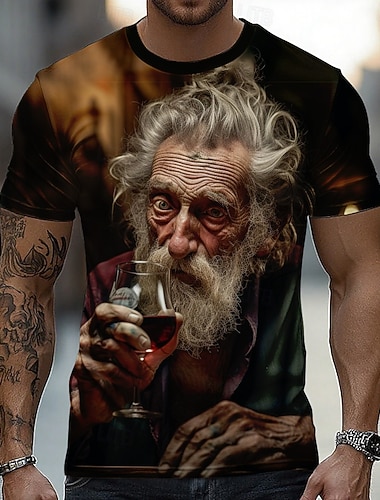  Herren-T-Shirt mit Grafikmotiv: Alter Mann trinkt Rotwein. Künstlerisches, filmisches Porträt eines Weinliebhabers. Kurzarm, Rundhalsausschnitt, lässiges Shirt. Einzigartiges Geschenk für ihn.