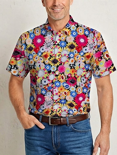  Retro / vintage Hippie 70-talet Skjorta Korta ärmar Hippie Blommig Kontor / företag Maskeradkläder Herr musikfestival Fest Dagliga kläder Vuxna Skjorta Vår & sommar