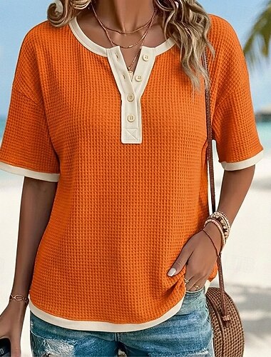  Dam Skjorta Våffelskjorta Blus Lappverk Knappar Färgblock Stylish Klassisk Modern Kortärmad V-hals Vanliga toppar Dagligen Helgdag Utekväll Blå Gul Rodnande Rosa Orange Sommar Vår