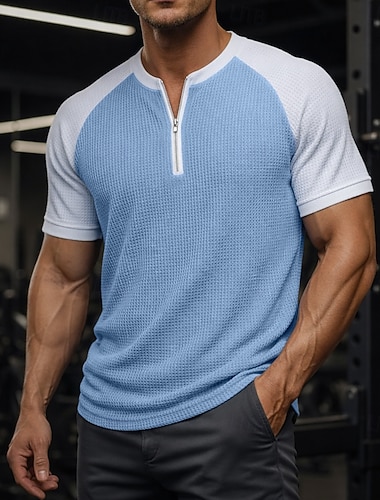  Herren Waffel T-Shirt T-Shirt Kurzarm Viertelreißverschluss Sommer Einfarbig Texture Mode Designer Lässig Raglanärmel Lässig Täglich Outdoor Hellblau Hellgrün Grau Top T-Shirt für Herren