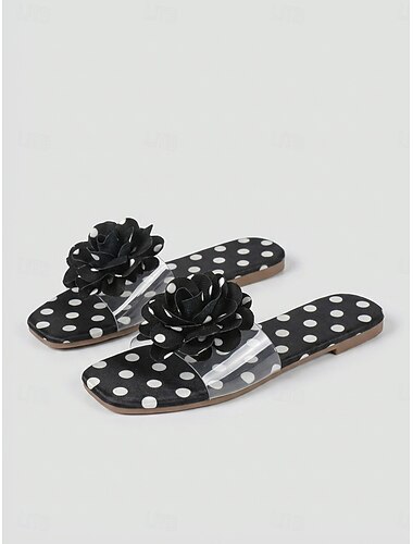  Damessandalen met zwarte stippen en bloemenprint - elegante transparante slippers met 3D-bloemenapplicatie voor luxe cruisevakanties en ontspanning aan het zwembad. &tropische resortkleding