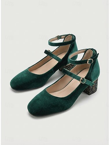  Sapatos Mary Jane de veludo com salto bloco, bico redondo e tira dupla, ideais para festas no jardim e casamentos. &eventos diurnos