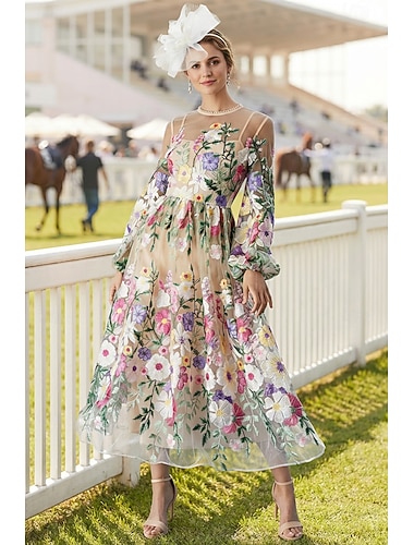  Ligne A Robe Longueur cheville Robe de Soirée Robe de Cocktail Robe d'invité de mariage Robe de Mère de Mariée  manche longue Demi Manches Col ras du cou Élégant ancien Formel Dentelle Tulle avec