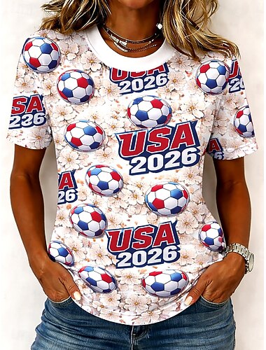  Fußball-WM 2026 Damen-T-Shirt mit Grafikprint, Fußballteam, Vintage-Stil, klassisch, Kurzarm, Rundhalsausschnitt, normale Passform, lässig, Alltag, Beige, Sommer, Frühling