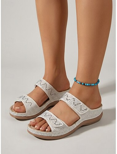  Sandales compensées blanches confortables pour femmes - mules à double bride ornées de strass scintillants et dotées d'une semelle plateforme orthopédique, idéales pour les séjours en plein air et les