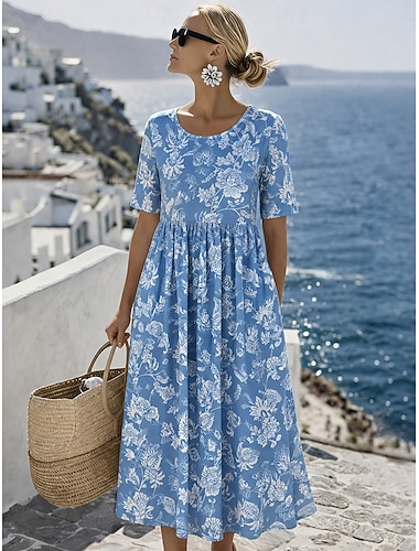  Damen Midikleid Shiftkleid Urlaub Lässig Ferien Normale Passform Blumen Grafik Kurzarm Rundhalsausschnitt Blau Rote Purpur Grün Sommer Frühling