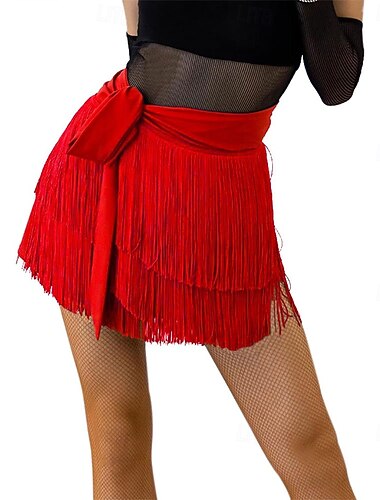  roter Fransenrock für Damen, lateinamerikanischer Tanz, mit Bindegürtel und Quasten, Salsa- und Standardtanz-Übungsrock