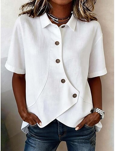  Damen Bluse Kunstbaumwollleinen Knöpfe Einfarbig Basic Lässig Kurzarm Hemdkragen Normale Oberteile Täglich Blau Weiß Aprikose Sommer Frühling