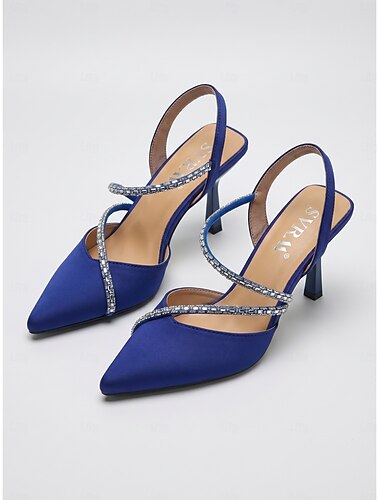  Damesblauwe pumps met hoge hakken - slingback met strassbandje en spitse neus voor een avondje uit &clubkleding