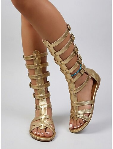  Gullfargede gladiatorsandaler til dame, knehøye sommersko med stropper til feriemiddager og feriestedkvelder &strandfester