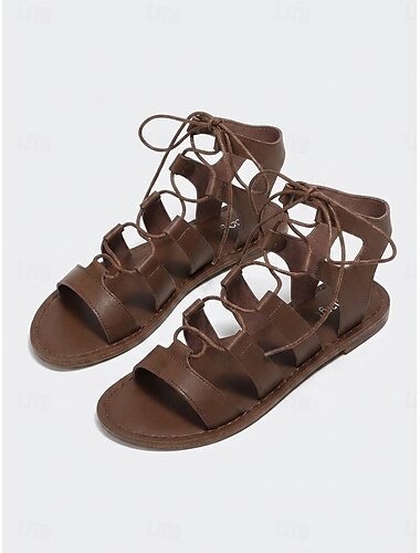  Kaffebrune gladiatorsandaler med flere stropper til dame – komfortable, bohemske, flate sandaler med justerbare spenner for feriesteder og tropiske utflukter