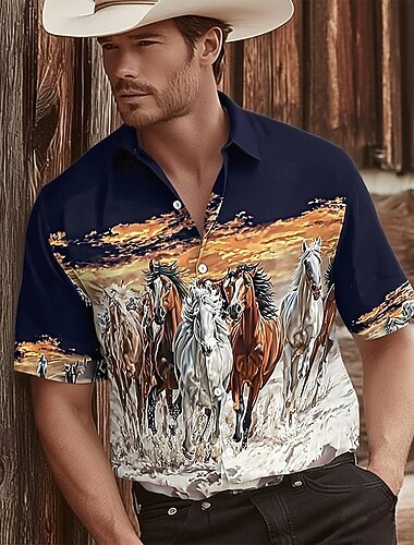  Homme Animal Cheval Coucher du soleil Chemise Chemise Western Chemise de cow-boy Manche Courte Vintage Rétro Extérieur Travail Décontracté Quotidien Été Printemps Col Rabattu Impression 3D Chemises