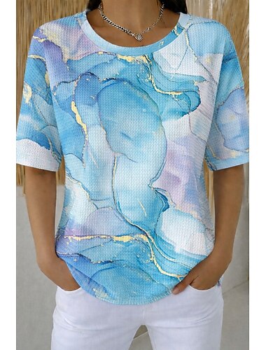  Dame Vaffel T-shirt Strukturerede strikkede toppe Sommertoppe Grafisk Geometrisk Stilfuld Klassisk Kortærmet Rund hals Lange toppe Afslappet Daglig Hvid / Blå Lyserød Orange Sommer Forår Efterår