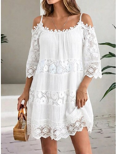 Per donna Mini Abito Abito Bianco Abito da laurea Abito in Pizzo Abito Boho Elegante Essenziale Moderno Vacanza Vestibilità comoda Colore Puro Mezza Manica Girocollo Nero Bianco Verde Azzurro Estate