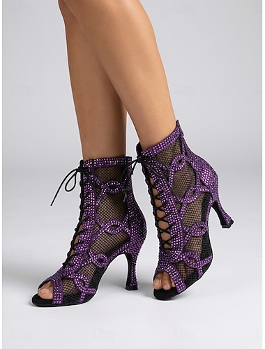  Bottes de danse latine pour femmes, ornées de strass, chaussures de danse de performance à talons hauts en maille lacée, idéales pour la salsa, le tango et les danses de salon. & scène